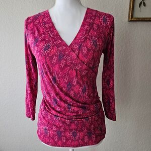 Ralph Lauren pink wrap top with 3/4 sleeves and ruched detail. Size M